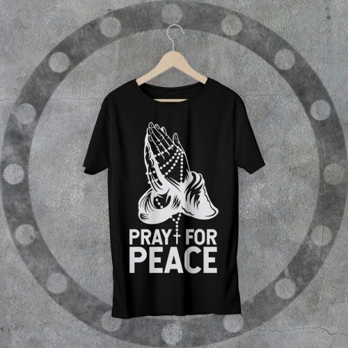 PRAY FOR PEACE környakú fekete póló S